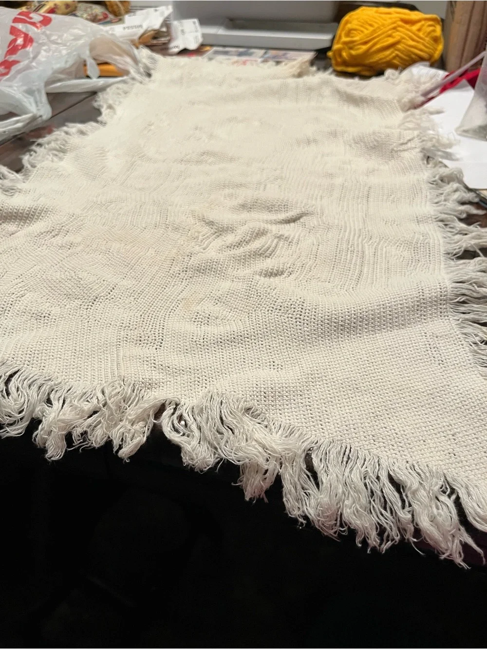 Cream Fringed table scarf or dresser scarf.